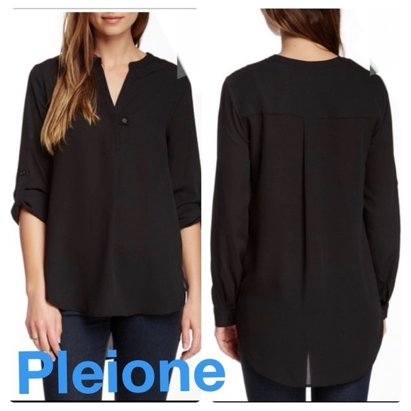 Pleione split neck black Long Sleeve Blouse button tab. Black. Business work - Picture 1 of 9